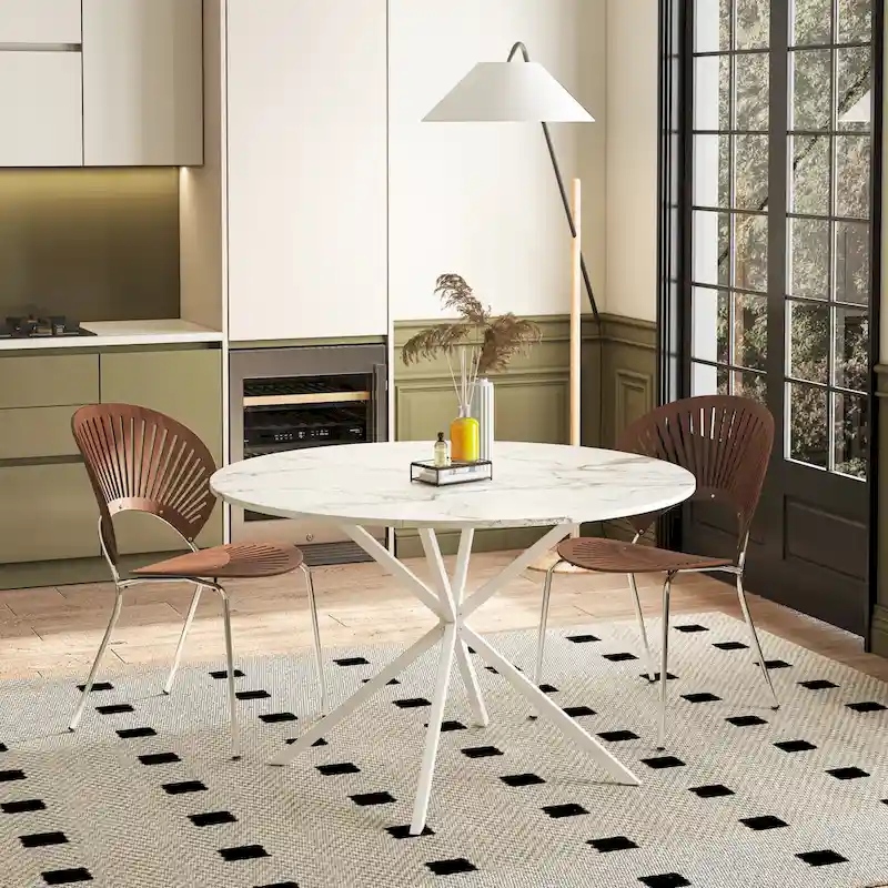 Round Dining Table, Cross Leg, Black / White / White Marble, 2-Person, Removable 2-Piece Top