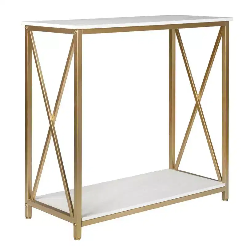 2 Layer X Side Frame Wooden Iron Frame 78.2*35.1*76.2cm White Panel Gold Frame Porch Storage Porch Table
