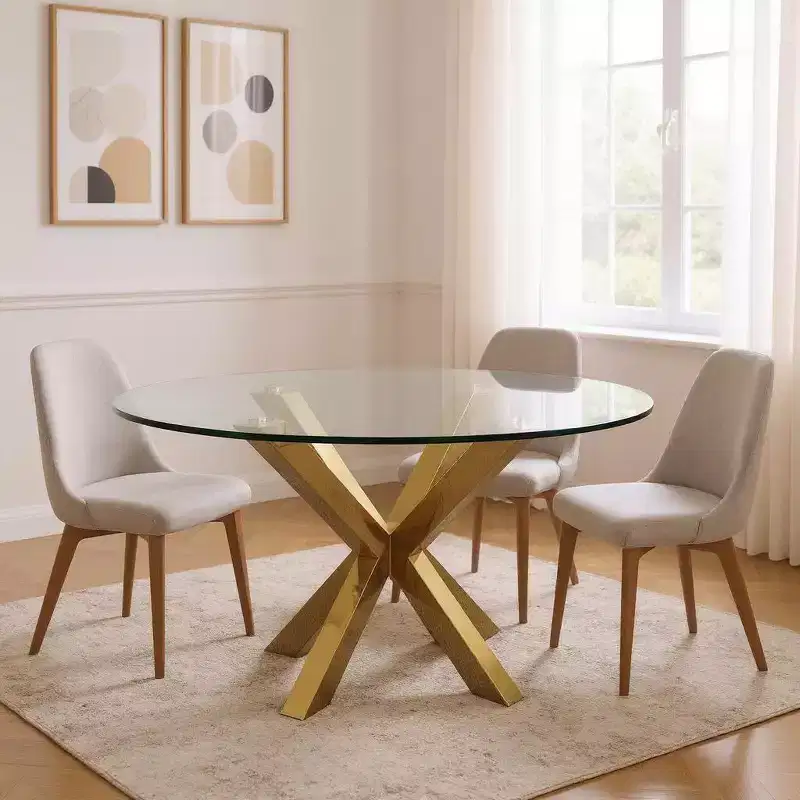 HomeRoots 54 Clear and Gold Glass and Metal Cross Leg Base Round Top Dining Table