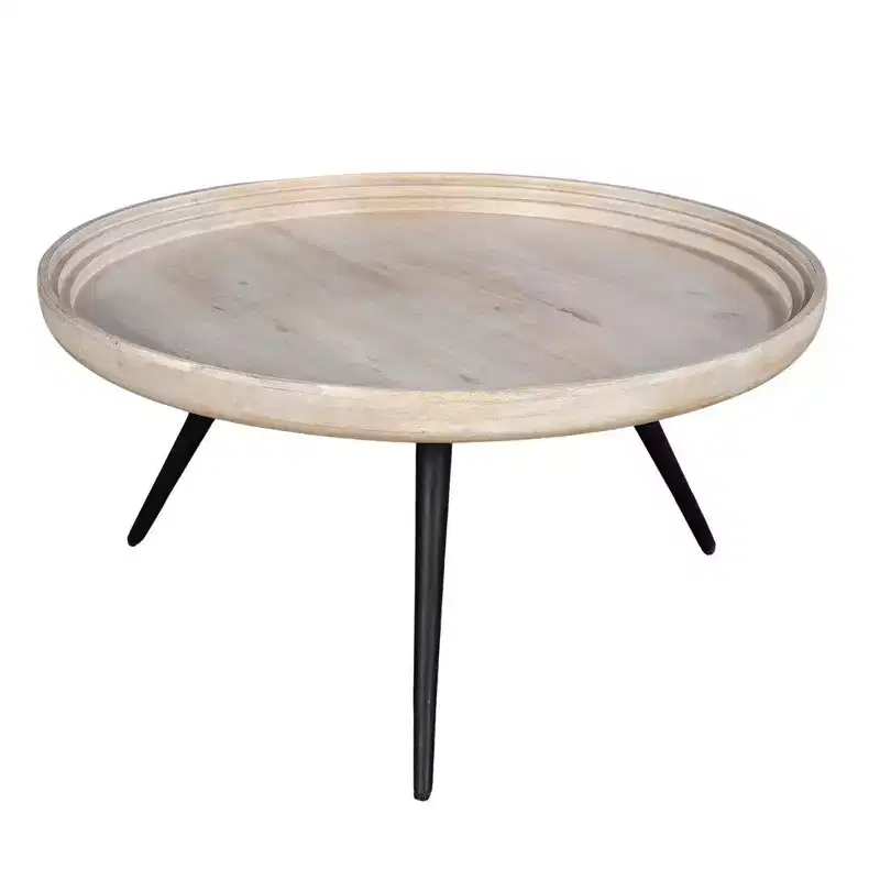 Coffee Table Round Tray Top Handcrafted Washed White Mango Wood, 30 Inch