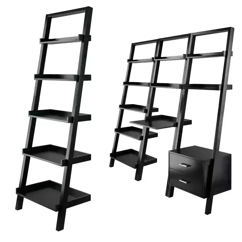 Black 5-Tier Leaning Shelf – Contemporary Wood Bookcase for 1