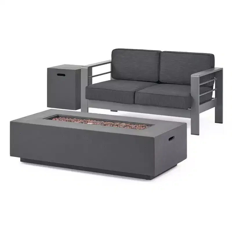 GDFStudio Crested Bay Outdoor Aluminum Loveseat and Fire Pit Set