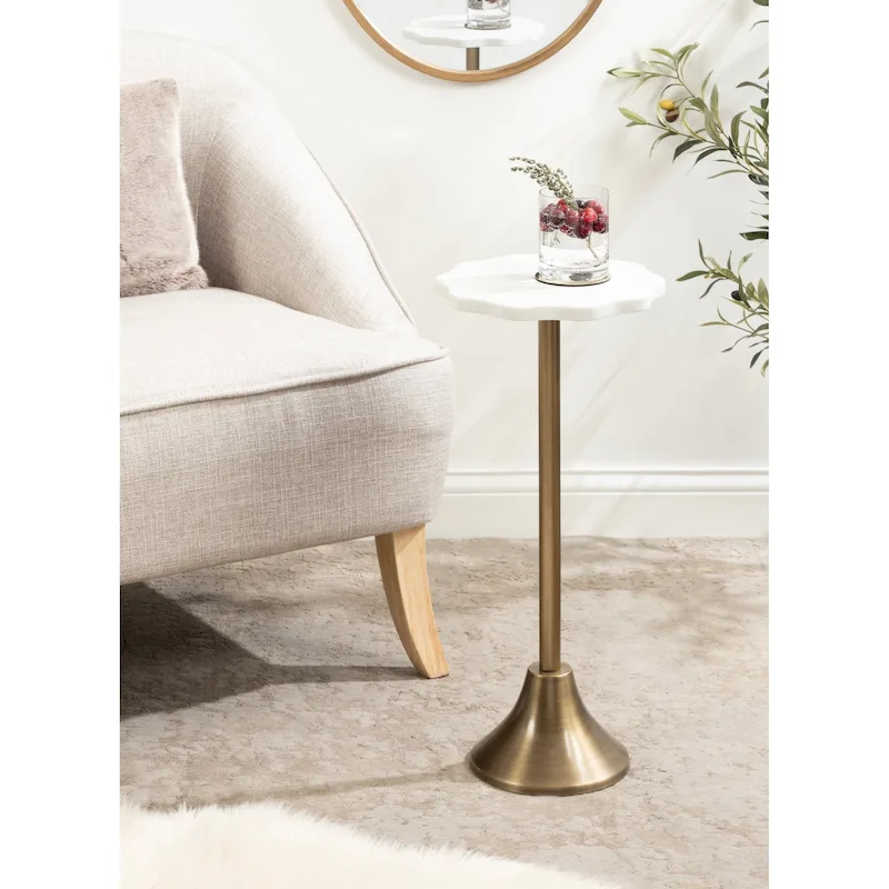 Scalloped Marble & Metal Drink Side Table, Modern Glam Accent Table