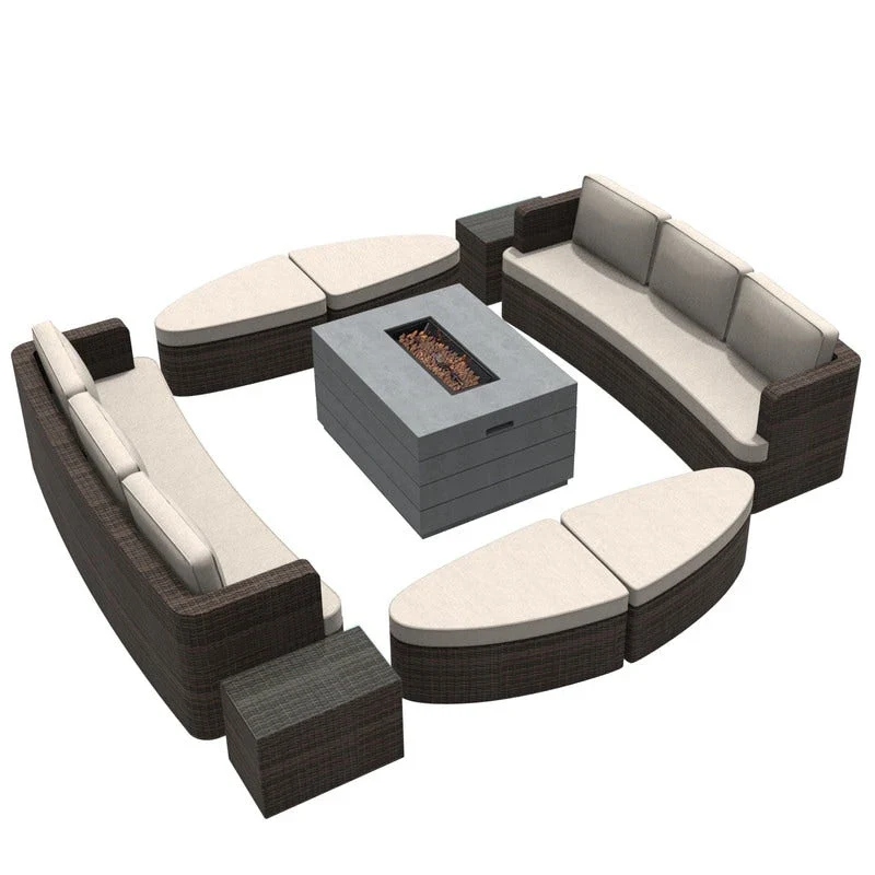 9-piece Patio Wicker Daybed Set with Concrete Fire Pit Table