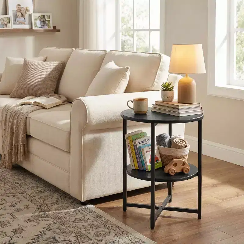 Homy Casa Round 2-Tier End Table with Metal Frame and Wood Shelves, Black Oak
