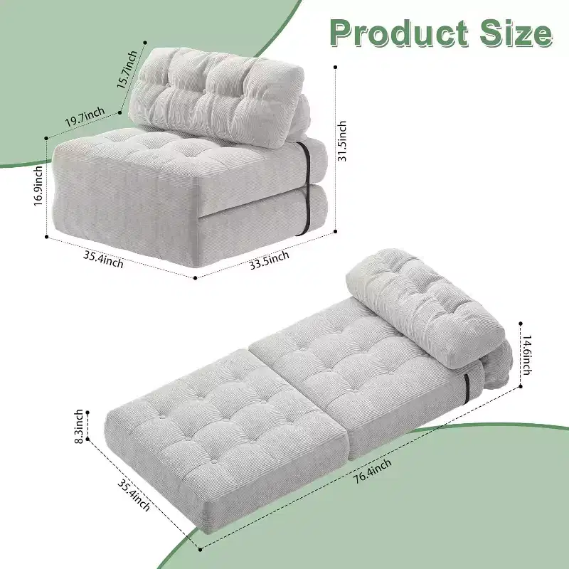 Folding Sofa Bed, Floor Folding Couch for Living Room, Convertible Sleeper Chair with Pillow Foldable Mattress Back Support, Beige