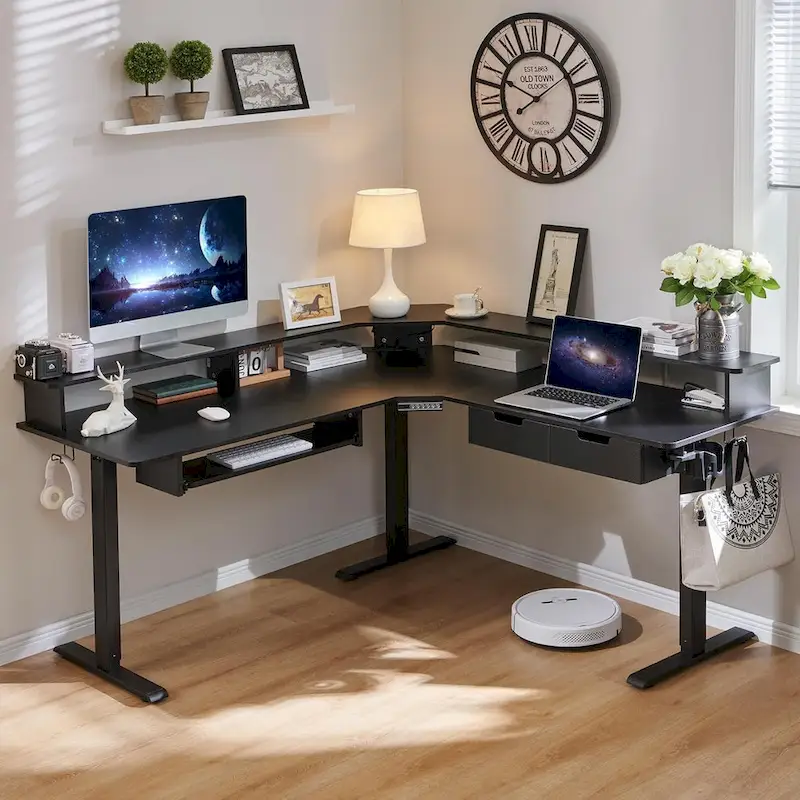 L-Shaped Electric Standing Desk, Height Adjustable, RGB LED, Carbon Fiber Black / Dark Rustic Oak / Antique White, 1-Person
