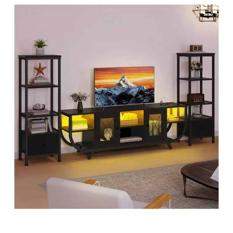 TV Stand for TVs up to 65 inch, LED Entertainment Center with 2 Bookshelf & Power Outlet,Farmhouse TV Console Cabinet with Fabric Drawer