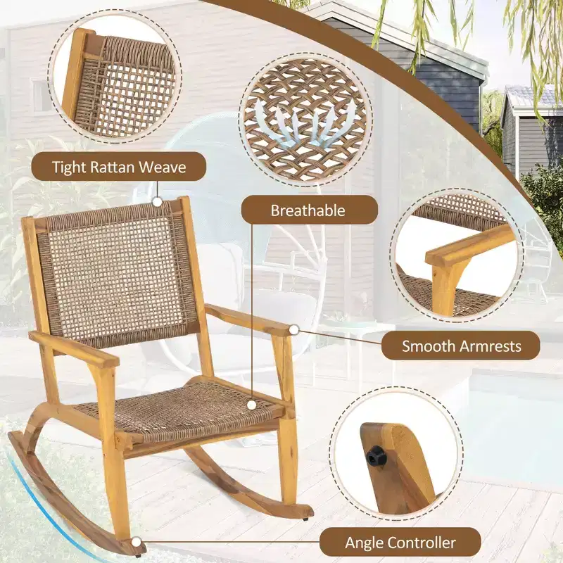 GDFStudio Antonio Patio Modern Acacia Wood Rocking Chair with Wicker Back and Seat (Set of 2)