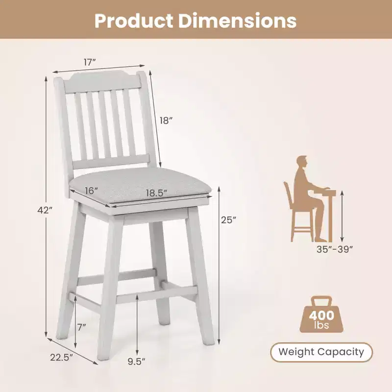 Costway 25 Counter Height Bar Stools Set of 2/4 with Slatted Back Padded Seat & Footrest