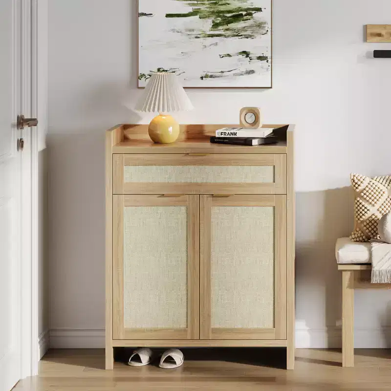 Rattan Shoe Cabinet with Drawer, 6-Tier Tall Shoe Storage Organizer, Boho Wooden Farmhouse Cabinet with 2 Doors for Entryway, Hallway