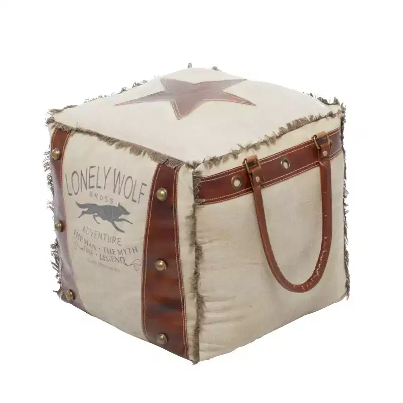Square Tufted Foot Stool Ottoman, Canvas and Faux Leather