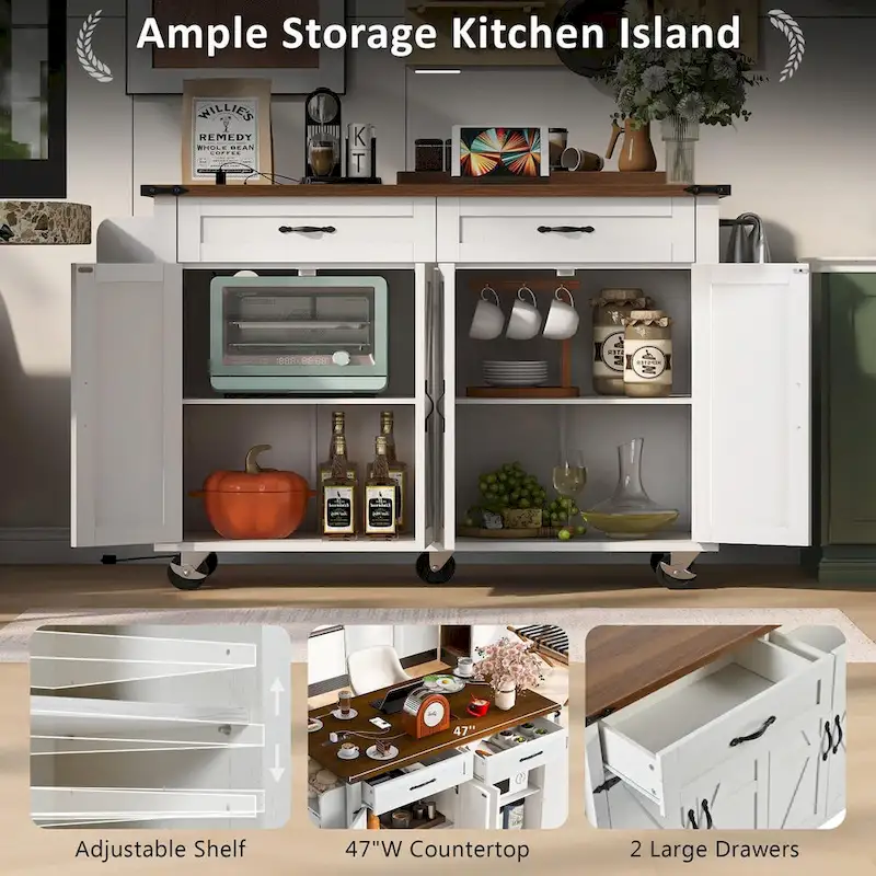 53.5 Farmhouse Kitchen Island Cart with Power Outlet, Drop Leaf, Spice Rack, and 2 Drawers, 5 Wheels