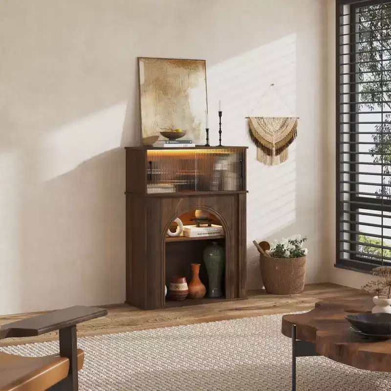 Famapy Dark Walnut Accent Cabinet with Fluted Glass & Adjustable LED Lighting