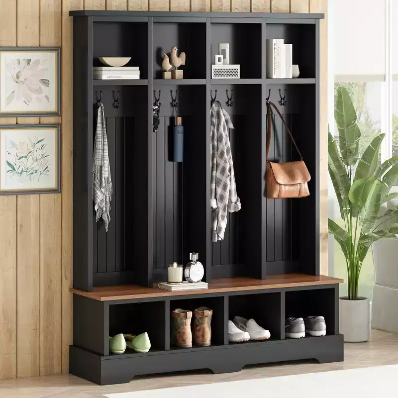 Whisen Farmhouse Hall Tree with 8 Hooks, Entryway Bench with Open Compartments, 3-in-1 Wooden Coat and Shoe Rack
