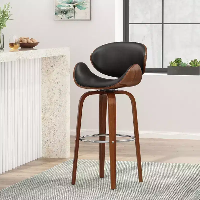 Mid Century Modern Faux Leather and Wood 30 Swivel Barstool