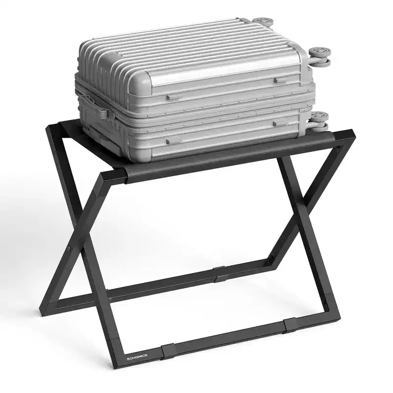 Folding Luggage Rack, Metal Suitcase Stand with Synthetic Leather Top & Floor Protection, 110 lb Capacity for Guest Room Hotel