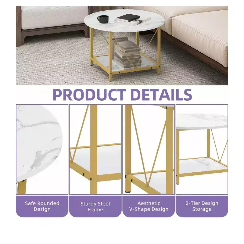 Modern Design 2-Tier Round Coffee Table With Open Shelf Storage Wood Center Coffee Home Decor For Office Living Room