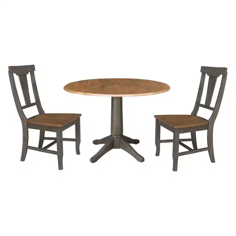 42 Round Dual Drop Leaf Dining Table with 2 Panel Back Chairs Hickory/Washed Coal - International Concepts