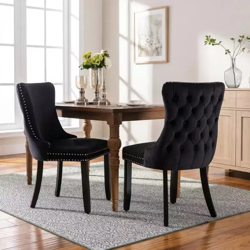 FurnitureR Set of 2 Velvet Tufted Dining Chairs with Nailhead Trim, Upholstered Kitchen Chairs, Modern Accent Dining Room Side Chairs