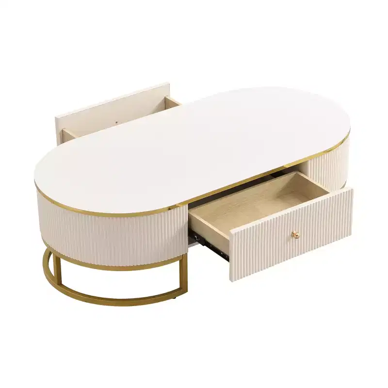 47W Modern Coffee Table Cocktail Table Center Table Accent Table with Drawers, Curved Profile Design, Gold Metal Leg, Oval, White+Gold-ModernLuxe