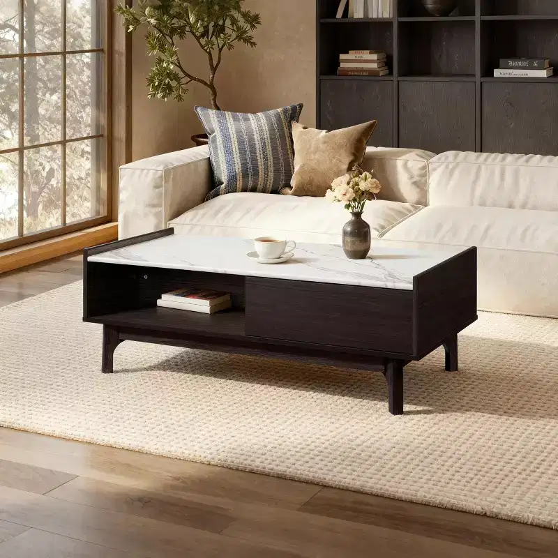 Wenge Coffee Table with Door, Open Storage & Faux Marble Top