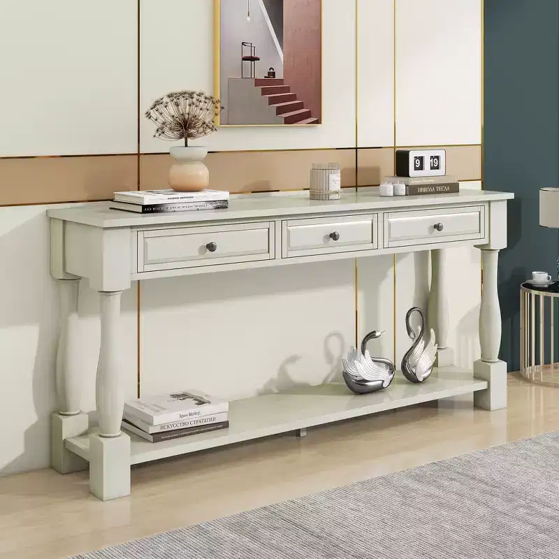 Whisen Mediterranean Style Rectangle Wood Long Console Table with Drawers and Shelf