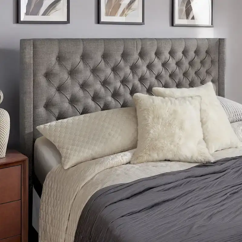 King Wingback Button Tufted Linen Fabric Headboard