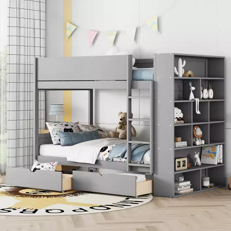 Twin Over Twin / Full Over Full Bunk Bed with 2 Drawers and Multi-Layer Cabinet, White/Gray