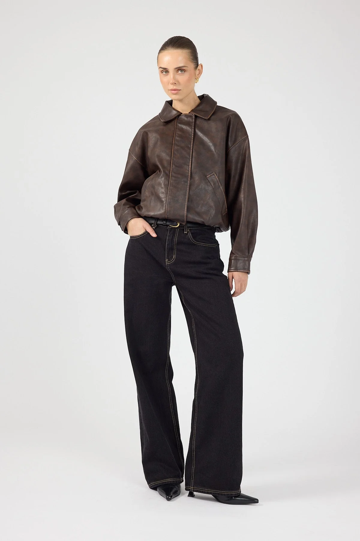 Washed Faux Leather Bomber Brown