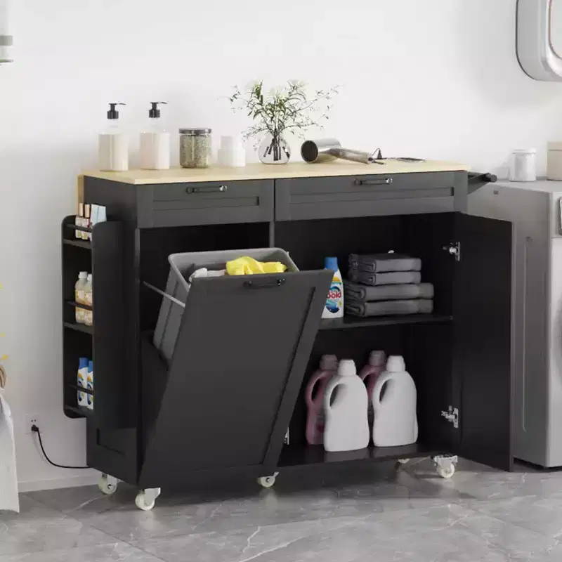 Rolling Kitchen Island with Power Outlet & Drop Leaf, Kitchen Island Cart with Trash Storage Cabinet
