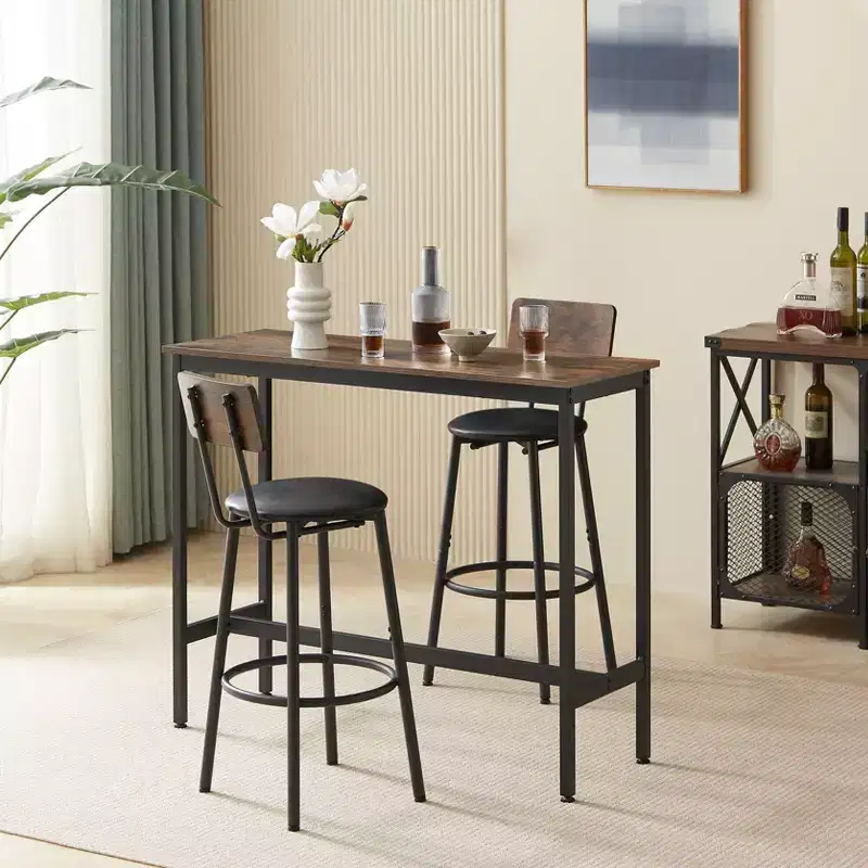 GDFStudio Briar 3 Piece Rustic Bar Table Set with Faux Leather Upholstered Bar Stools
