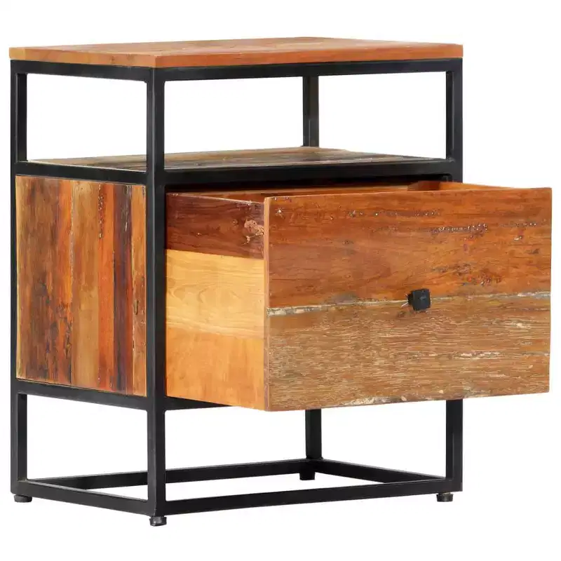 vidaXL Mid-Century Elegant Bedside Cabinet/Nightstand  15.7x11.8x19.7, Made from Durable Solid Reclaimed Wood and Powder-Coated Steel  Brown