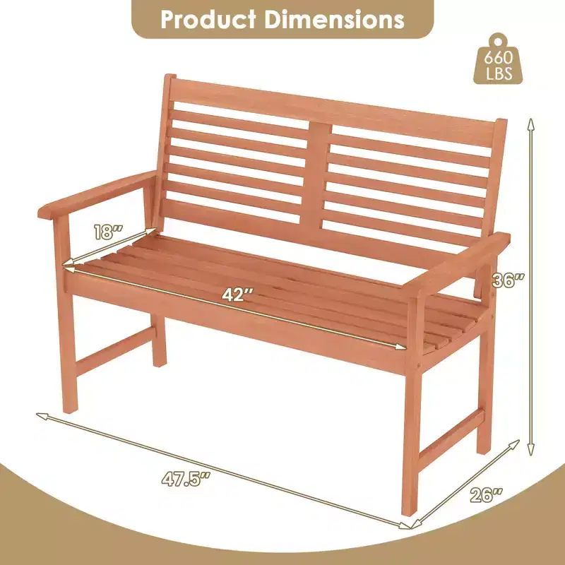 Costway Patio Solid Wood Loveseat with Inclined Backrest & Slatted Seat Teak Painting