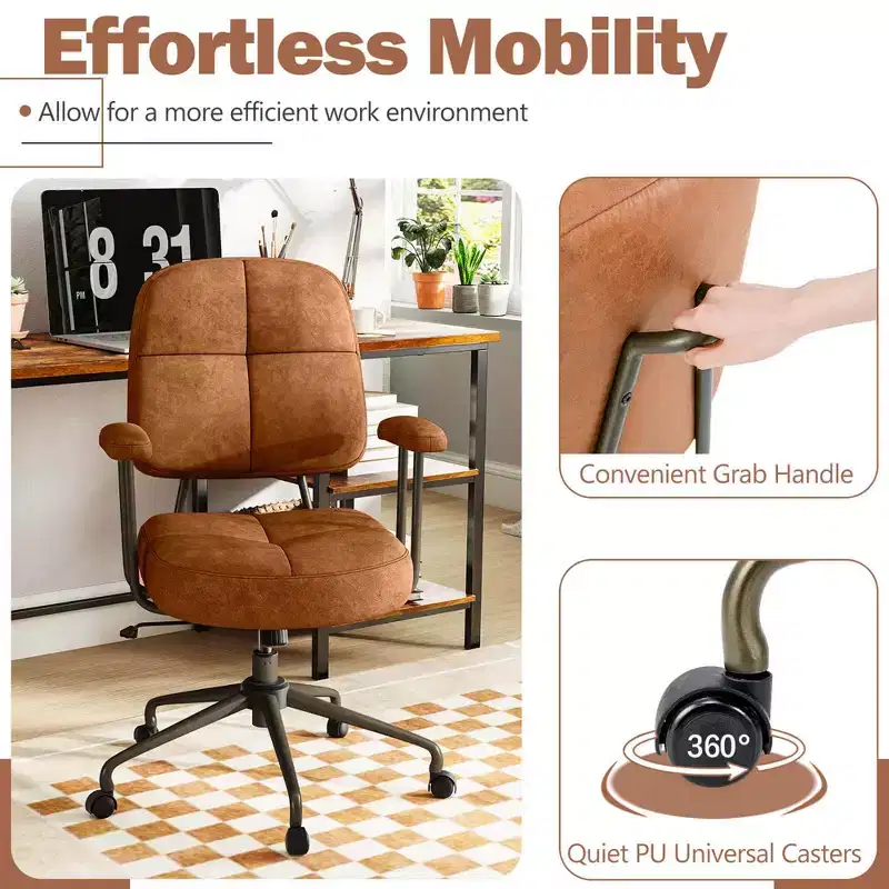 Costway Home Office Chair Leathaire Upholstered Task Chair with Cushioned Back & Armrests Brown/Beige
