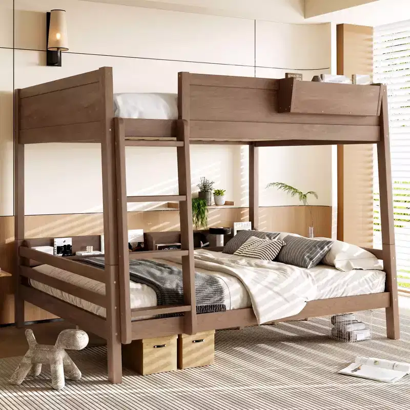 Bellemave Queen Over Queen Bunk Bed with Bookshelf Storage, Detachable Bunk Bed with Ladder and Guardrails, No Box Spring Needed