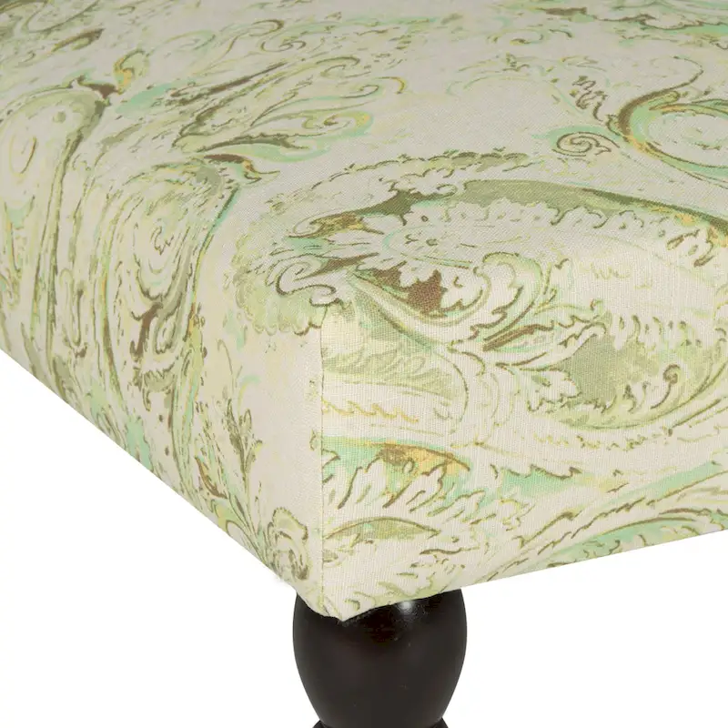 Green Paisley Printed Upholstered Accent Bench, Bohemian Style Living Room Seat 47x26x16