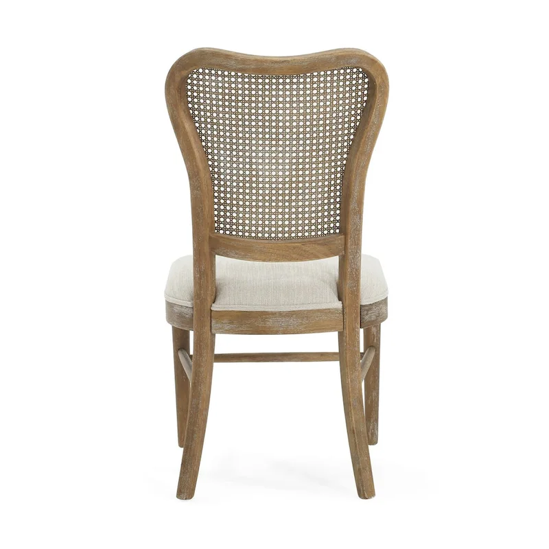 Farmhouse-style rubberwood dining chairs with rattan backrests (two chairs per set).