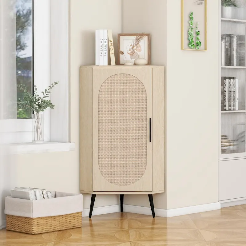 Corner cabinet, Rattan door,Freestanding Corner Tables For Small Spaces, Corner Shelf Stand For Living Room, Kitchen, Bedroom