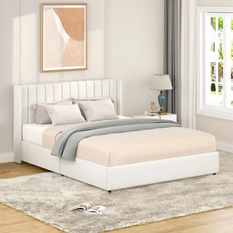 Ivory Upholstered Platform Bed with 4 Drawers Storage, Queen Size