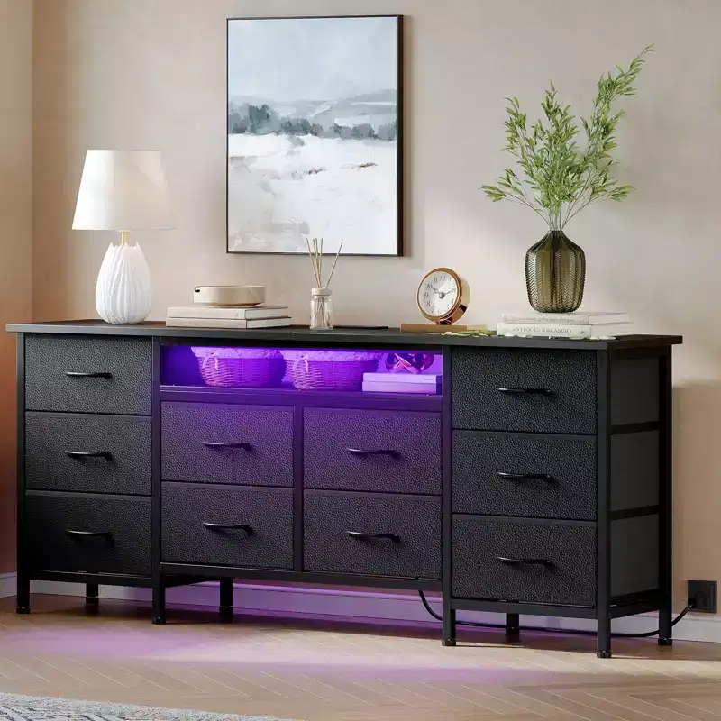 63 Storage Drawer Unit with 10 Fabric Drawers, Long Dresser Organizer with LED Light & Charging Station, Wide Storage Cabinet for Bedroom, Closet