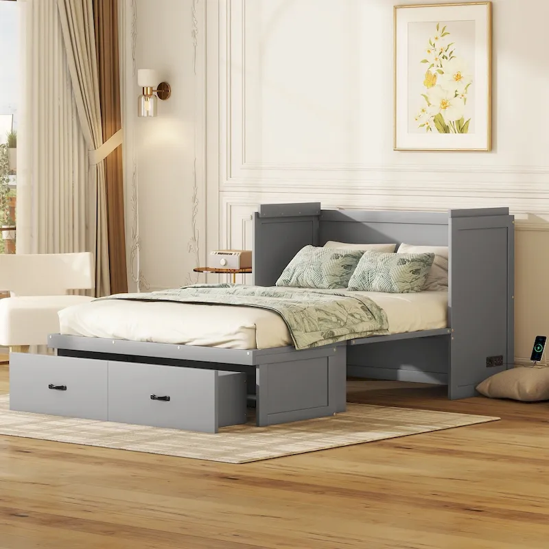 Full Pine Murphy Bed with USB & Drawer