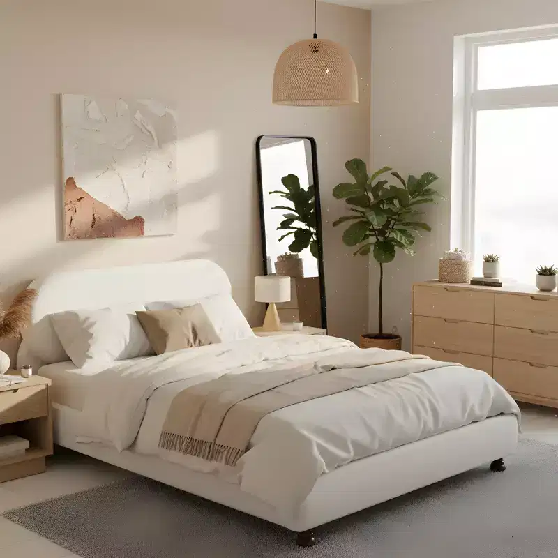 ModernLuxe Queen/King Size Platform Bed with Gourd-Shaped Rubberwood Legs, Cream Boucle Upholstered Bed Frame, No Box Spring Needed