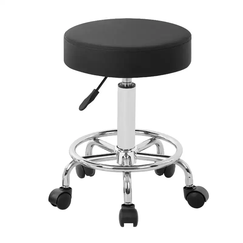Round Rolling Stool Salon Stool with Foot Rest PU Leather Cushion, Black