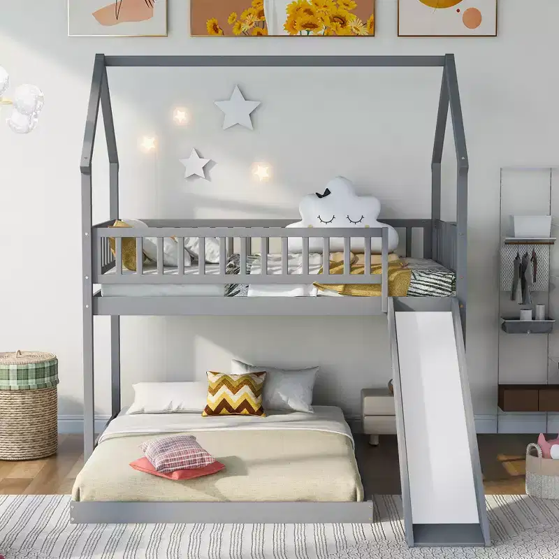 Whisen House Roof Design Twin over Full House Bunk Bed with Slide and Built-in Ladder