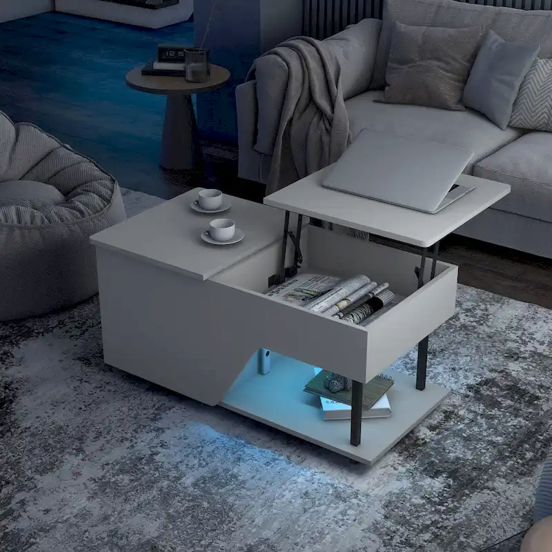 Black Lift-Top Coffee Table with RGB LED Lights and Adjustable Shelf – 1 Person