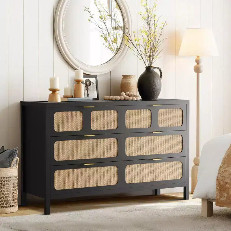 6 Drawer Dresser for Bedroom, 47 Wide Rattan Chest of Drawers with Metal Handles, Wooden Closet Drawer TV Stand, Dresser Organizer