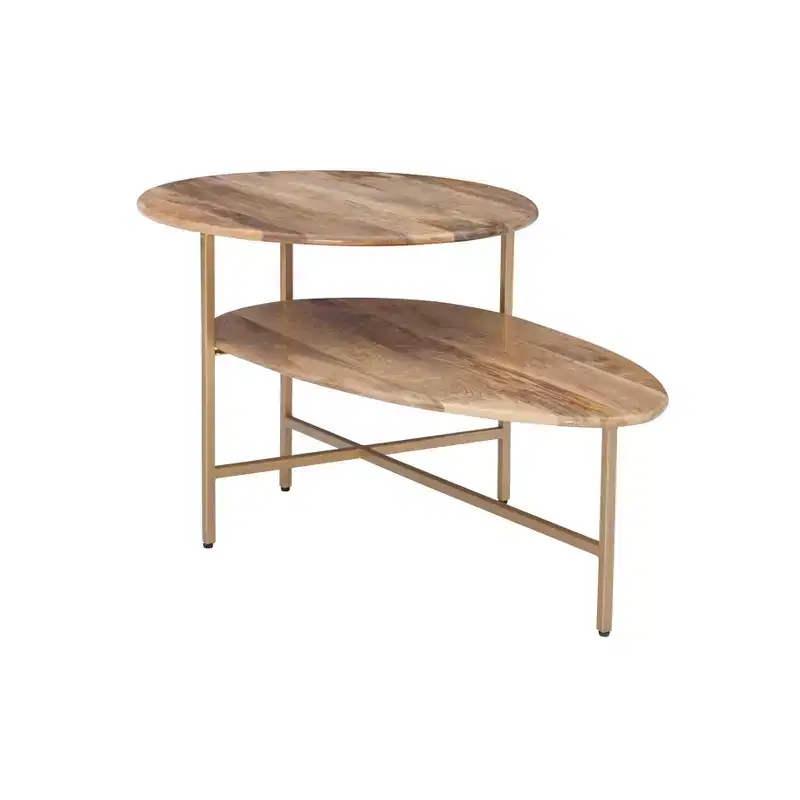 Linon Charmane Modern 2 Tier Coffee Table with 2 Solid Wood Tabletops Metal Legs in Gold Finish