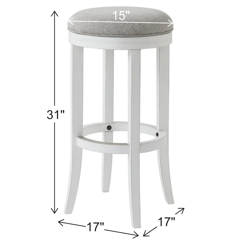 Avery White Wood Backless Swivel Bar Stool, Gray Fabric Seat