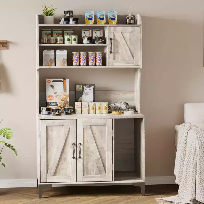 Large Cat Litter Box Enclosure Furniture with 3 Open Shelves, Farmhouse Style Pet House with Storage Cabinet & Scratch Pad